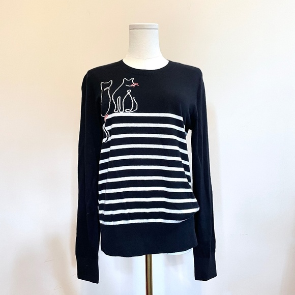LOFT Cat Striped Sweater Women M Whimsical Embroidered Preppy Novelty Cute Knit - Picture 1 of 12